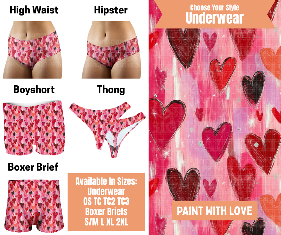 Preorder! Closes 11/5. ETA Feb. Paint With Love Hipster, High Waist, Boyshort, & Thong Underwear & Boxer Briefs