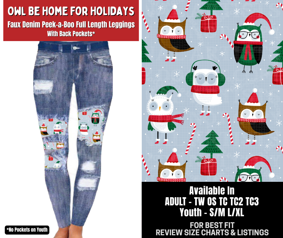 Preorder! Closes 8/31. ETA Dec. Owl Be Home For Christmas Full Length Faux Denim Peekaboo
