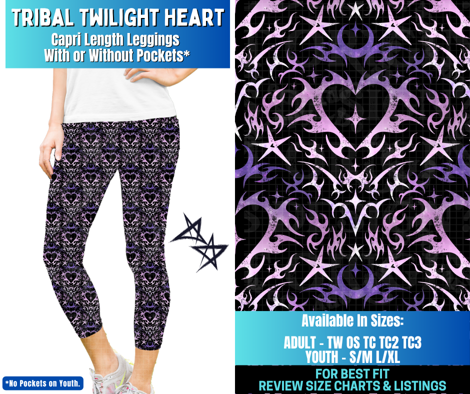 Preorder! Closes 12/17. ETA March. Tribal Twilight Heart Capri Length Leggings w/wo Pockets