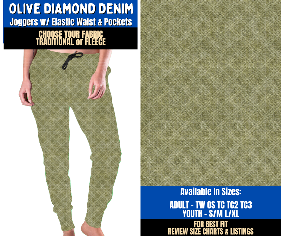 Preorder! Closes 9/16. ETA Dec. Olive Diamond Denim Joggers Choose Fleece or Traditional