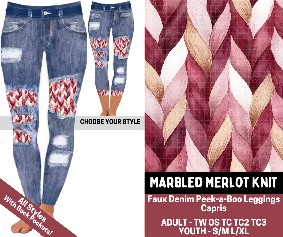 Preorder! Closes 7/23. ETA Oct. Marbled Merlot Knit Combo Faux Denim Peekaboo Legging Lengths