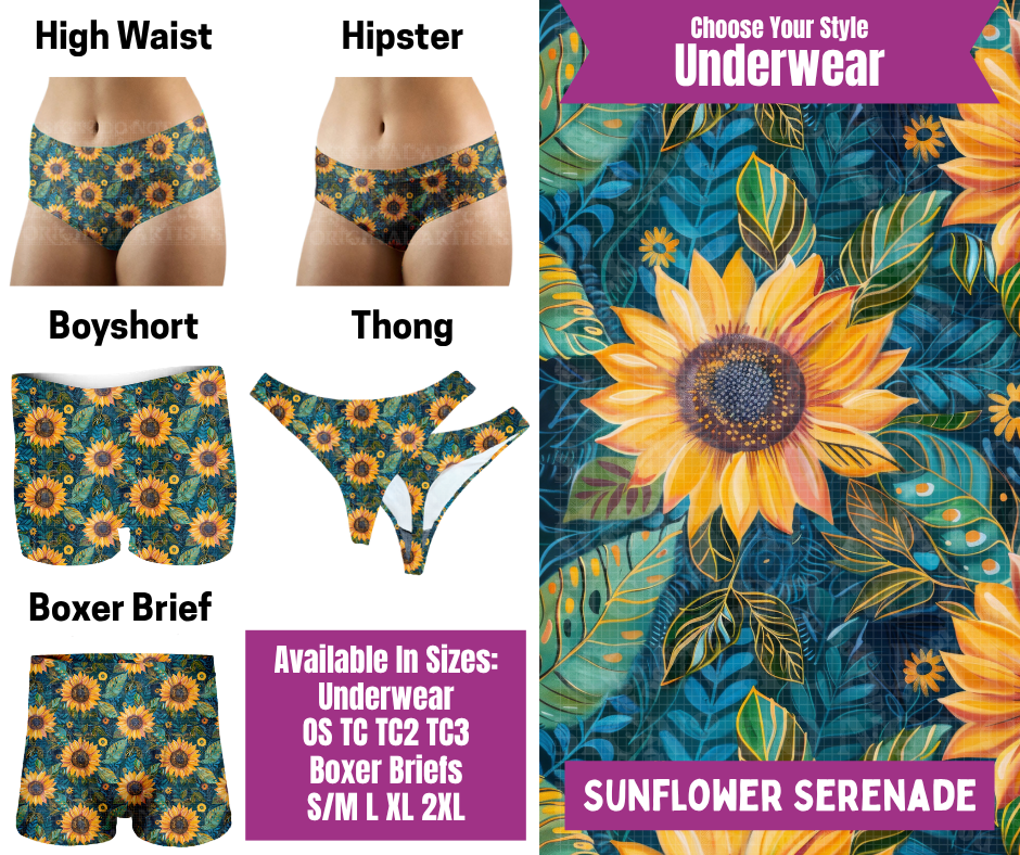 Preorder! Closes 6/24. ETA Sept. Sunflower Serenade Hipster, High Waist, Boyshort, & Thong Underwear & Boxer Briefs