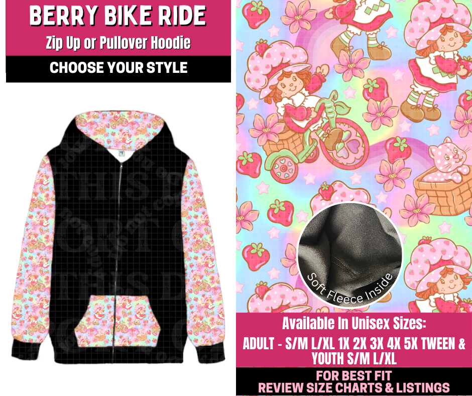 Preorder! Closes 12/31. ETA March. Berry Bike Ride Full Length Zip-Up or Pullover Hoodie