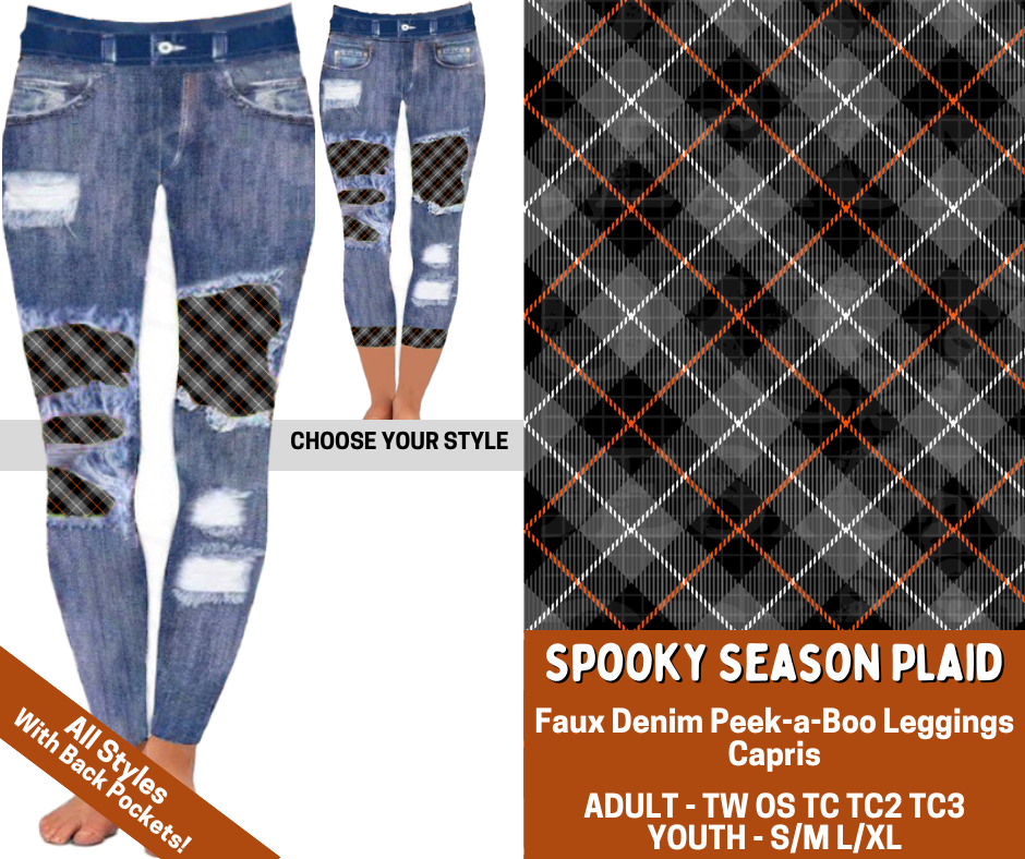 Preorder! Closes 7/13. ETA Oct. Spooky Season Plaid Combo Faux Denim Peekaboo Legging Lengths