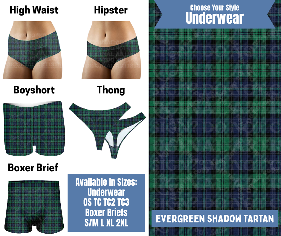 Preorder! Closes 8/26. ETA Nov. Evergreen Shadow Tartan Hipster, High Waist, Boyshort, & Thong Underwear & Boxer Briefs