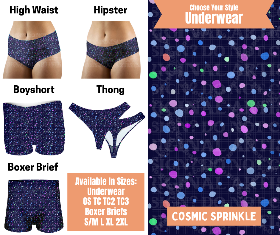 Preorder! Closes 11/5. ETA Feb. Cosmic Sprinkles Hipster, High Waist, Boyshort, & Thong Underwear & Boxer Briefs