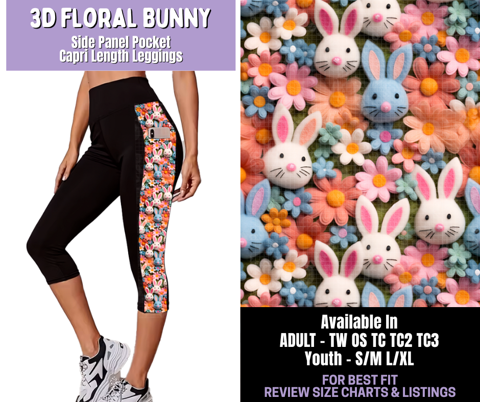 Preorder! Closes 1/22. ETA April. 3D Floral Bunny Side Panel Pocket Capri Length Leggings