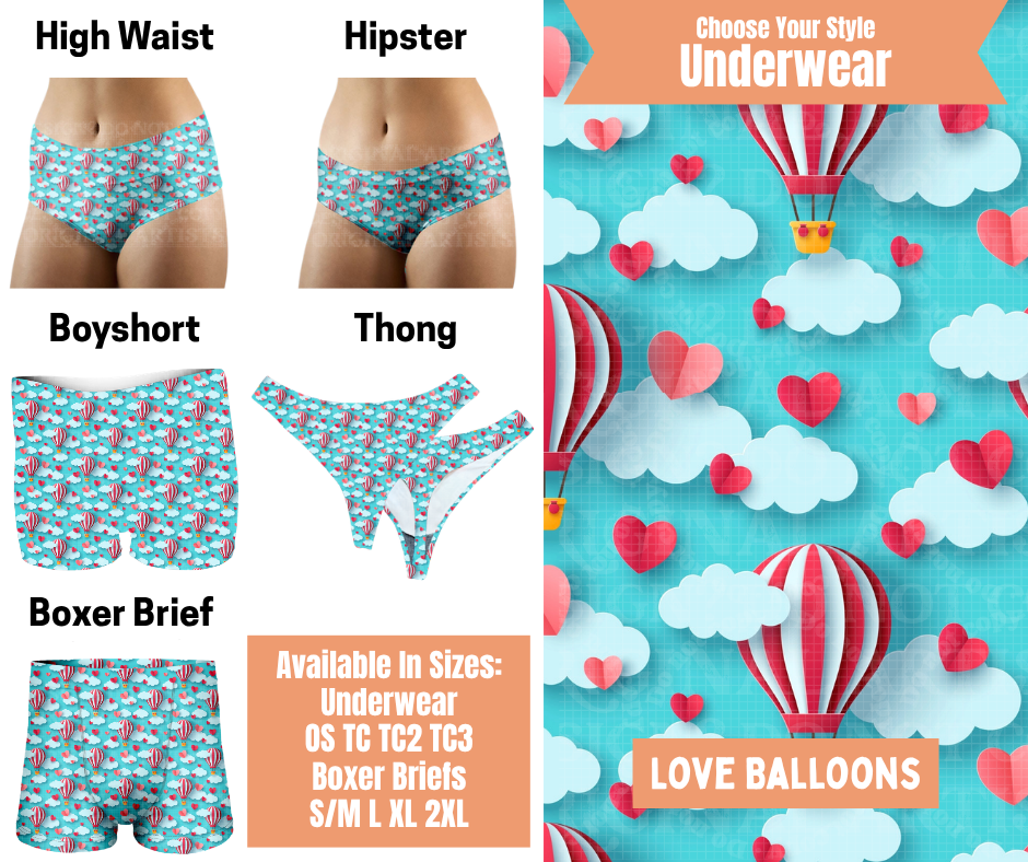 Preorder! Closes 11/5. ETA Feb. Love Balloon Hipster, High Waist, Boyshort, & Thong Underwear & Boxer Briefs