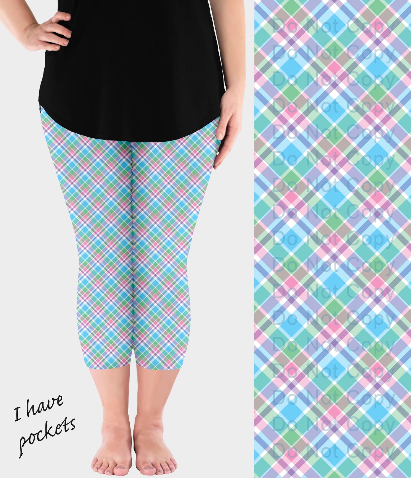 RTS - Spring Blue Plaid Capri Leggings w/ Pockets