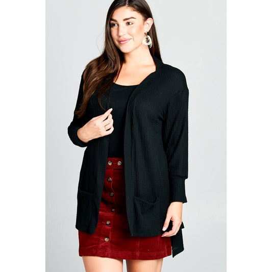 Plus Cozy and Casual Open Front Waffle Cardigan- BLACK