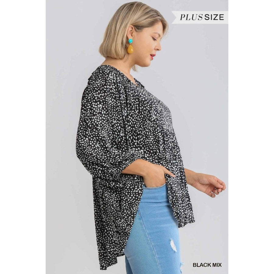 UMGEE Plus Size Animal Print 3/4 Sleeve Babydoll Top- Emerald