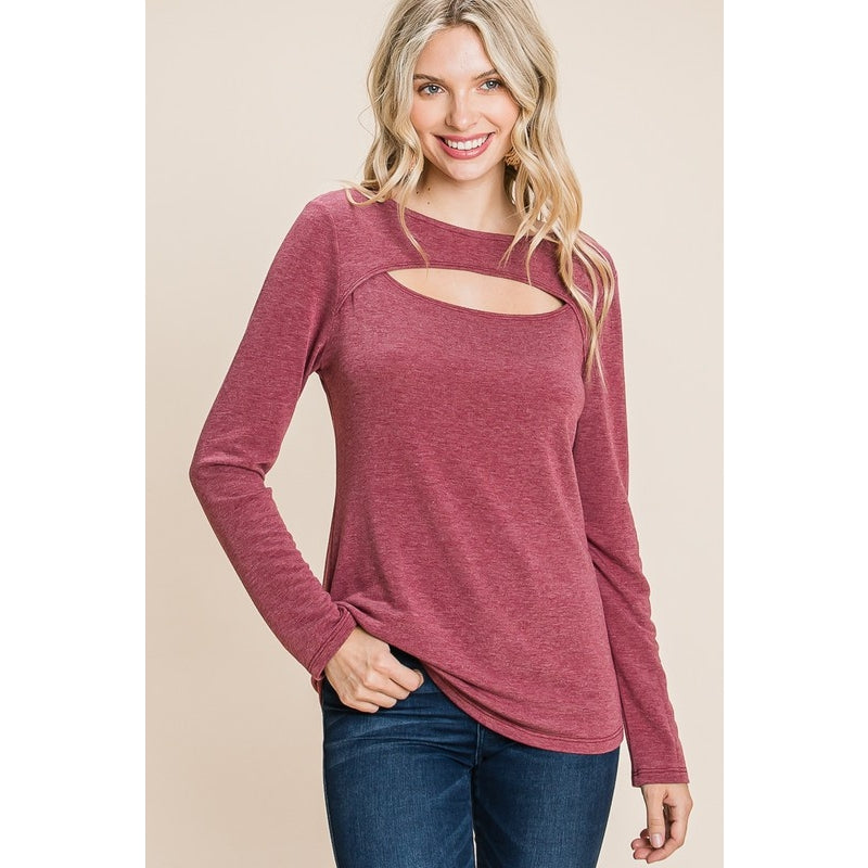 Solid Cut Out Long Sleeve Top- BURGUNDY- Emerald