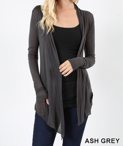 Zenana-Sheer Lighweight Drape Front Cardigan- lt.grey