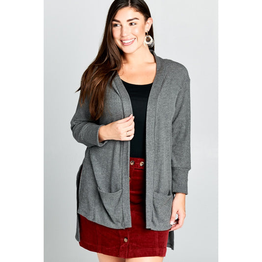 Plus Cozy and Casual Open Front Waffle Cardigan- CHARCOAL