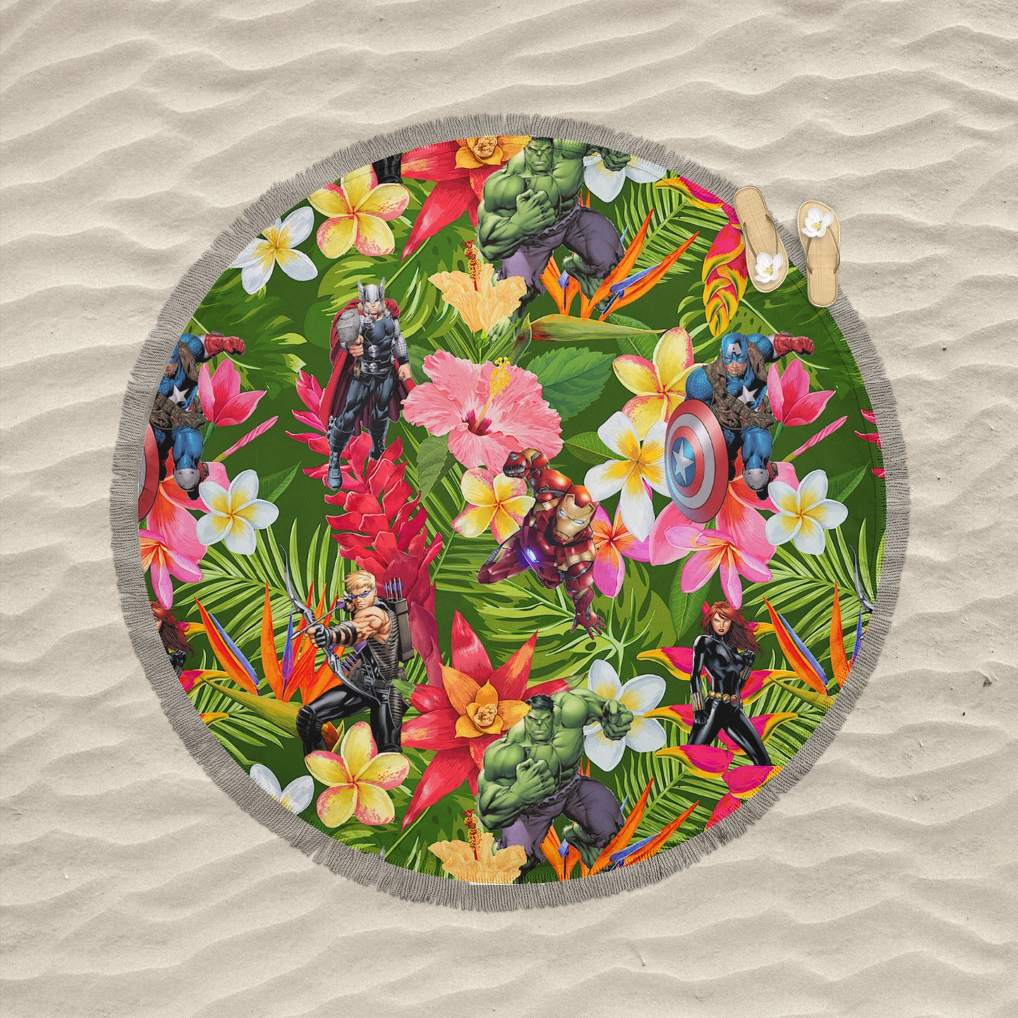 Tropical Heroes Round Fringe Beach Towel EXCLUSIVE PRINT