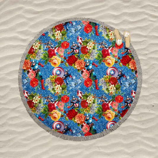 Comic Cap Floral Round Fringe Beach Towel EXCLUSIVE PRINT