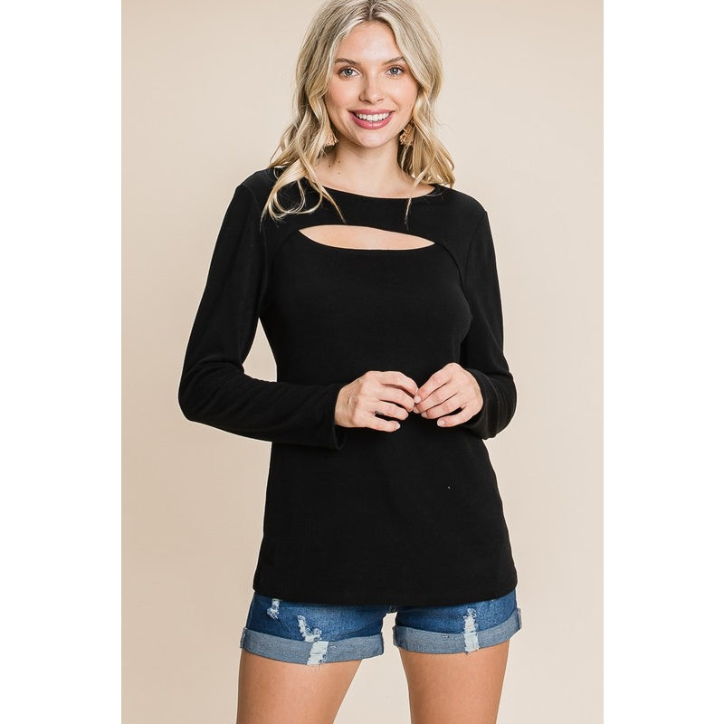 Solid Cut Out Long Sleeve Top- BLACK- Emerald
