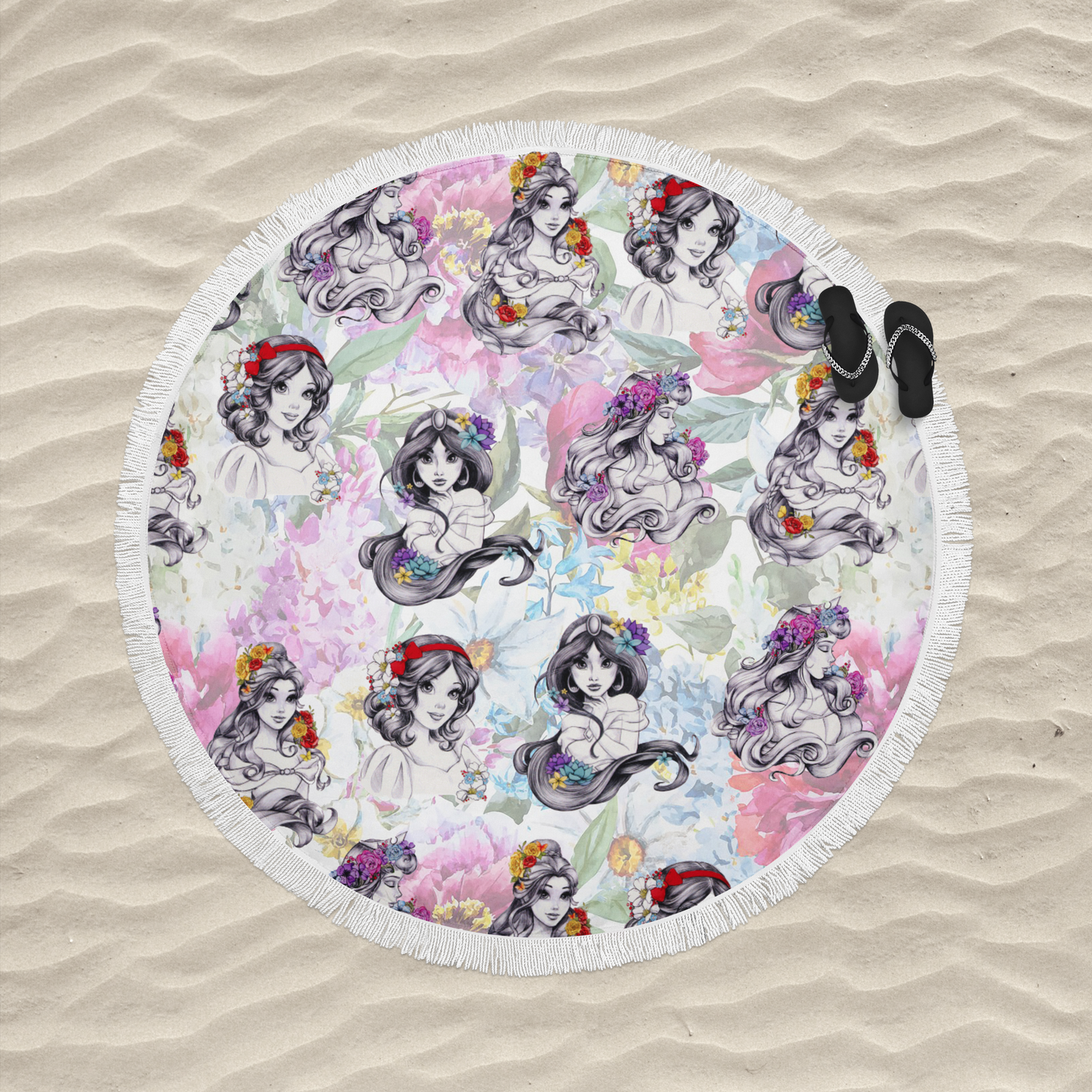 Floral Princesses Round Fringe Beach Towel EXCLUSIVE PRINT