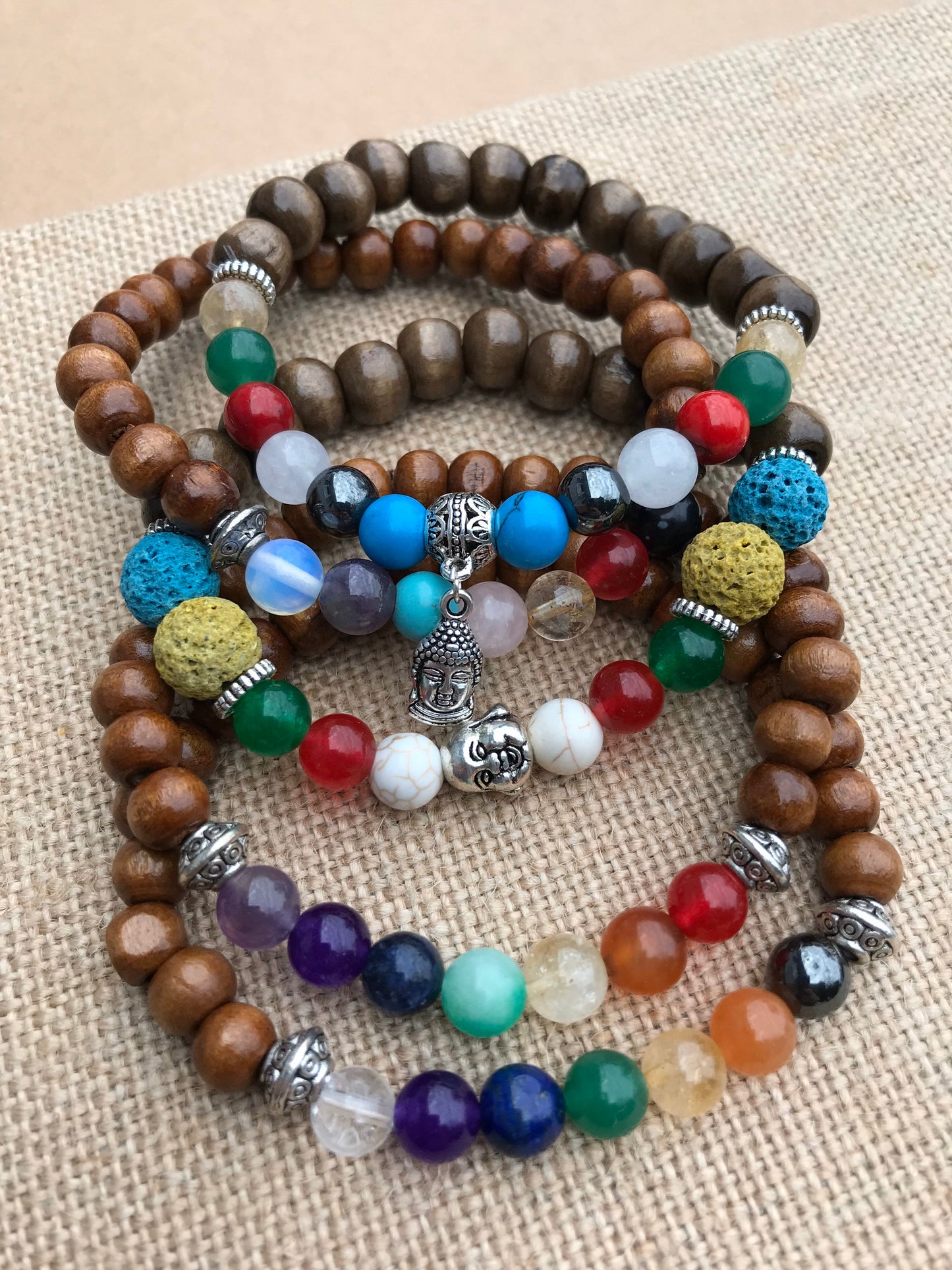 Laughing Buddha Symbolic Stretch Gemstone Stackable Bracelet, great for aromatherapy!
