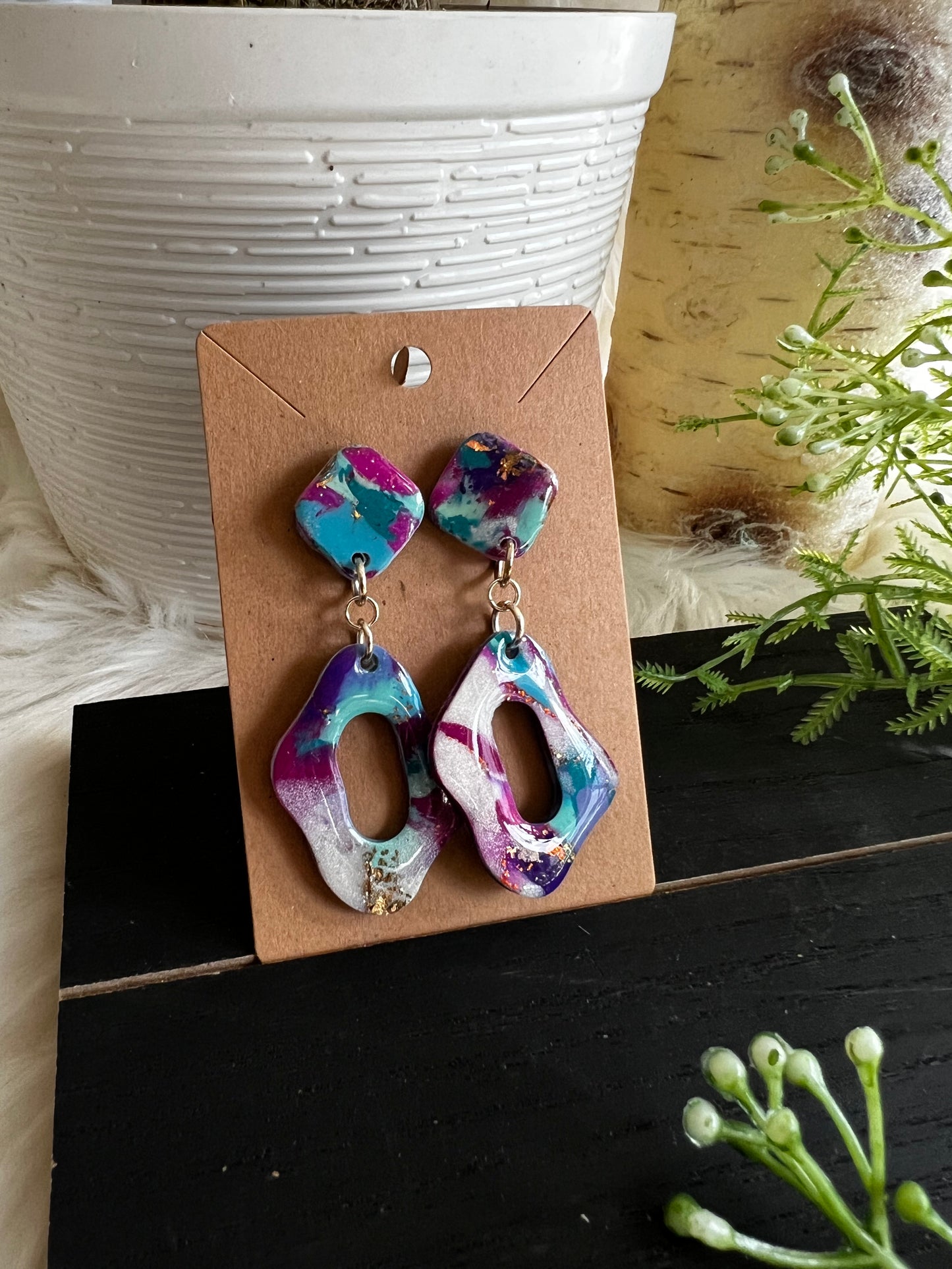 Purple/Aqua Marble Dangle Stud Earrings