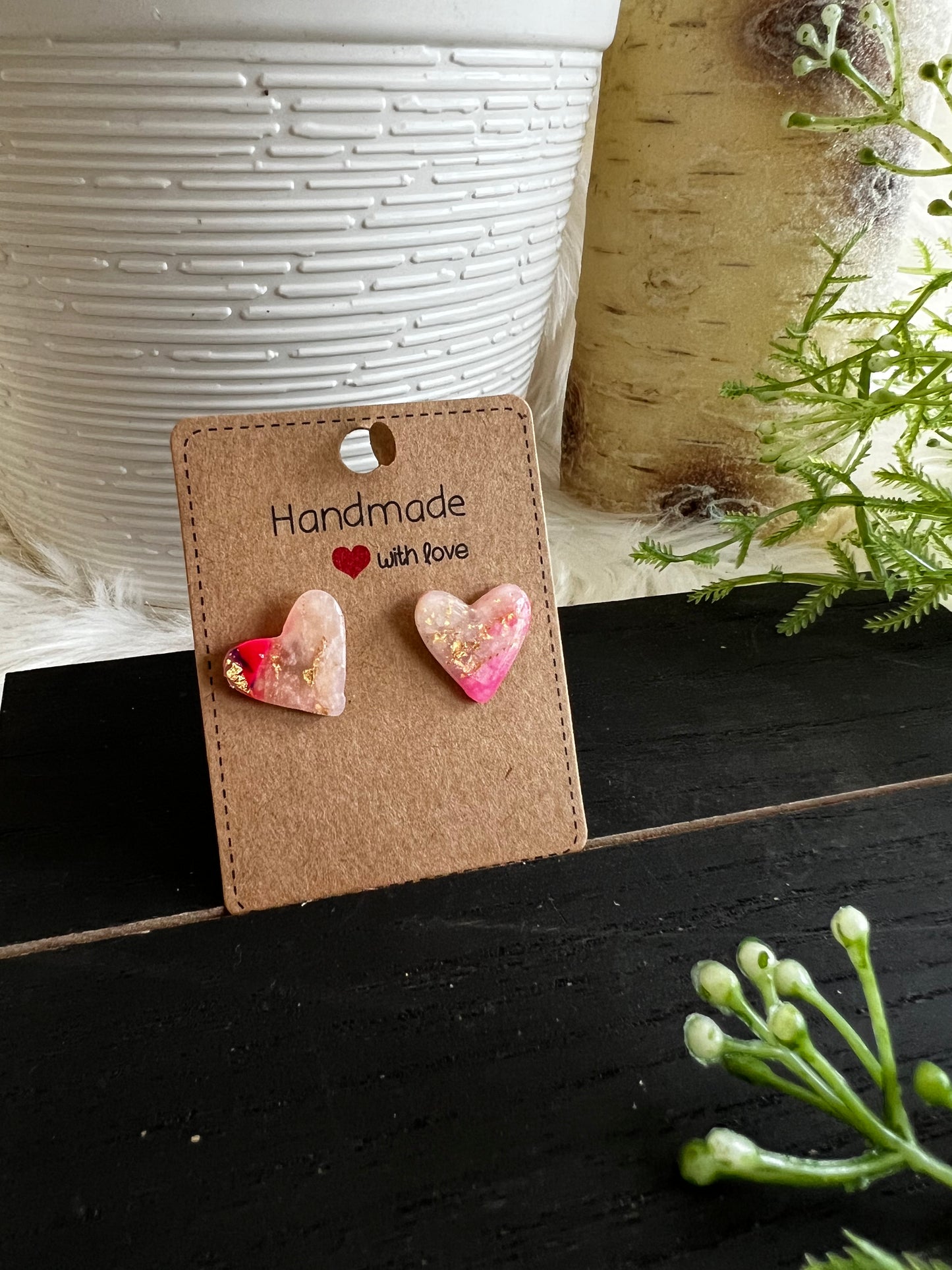 Purple/Pink/White Marble Heart Stud Earrings