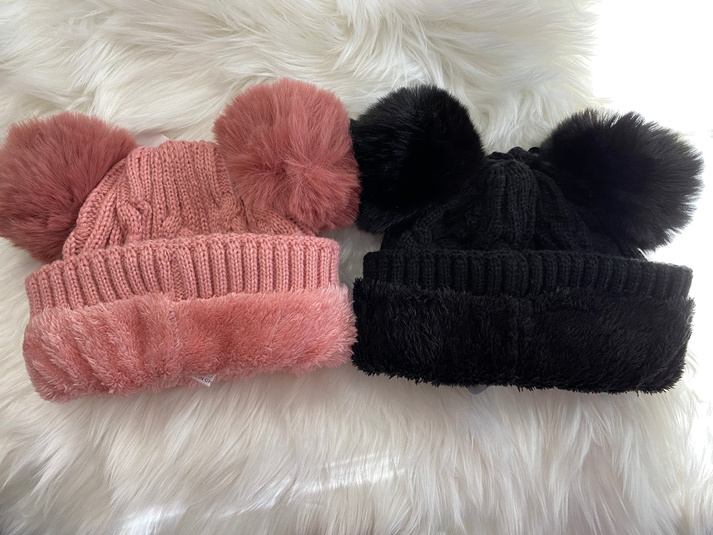 Knit Fuzzy Fleece Lined Beanie with Double Pom Pom