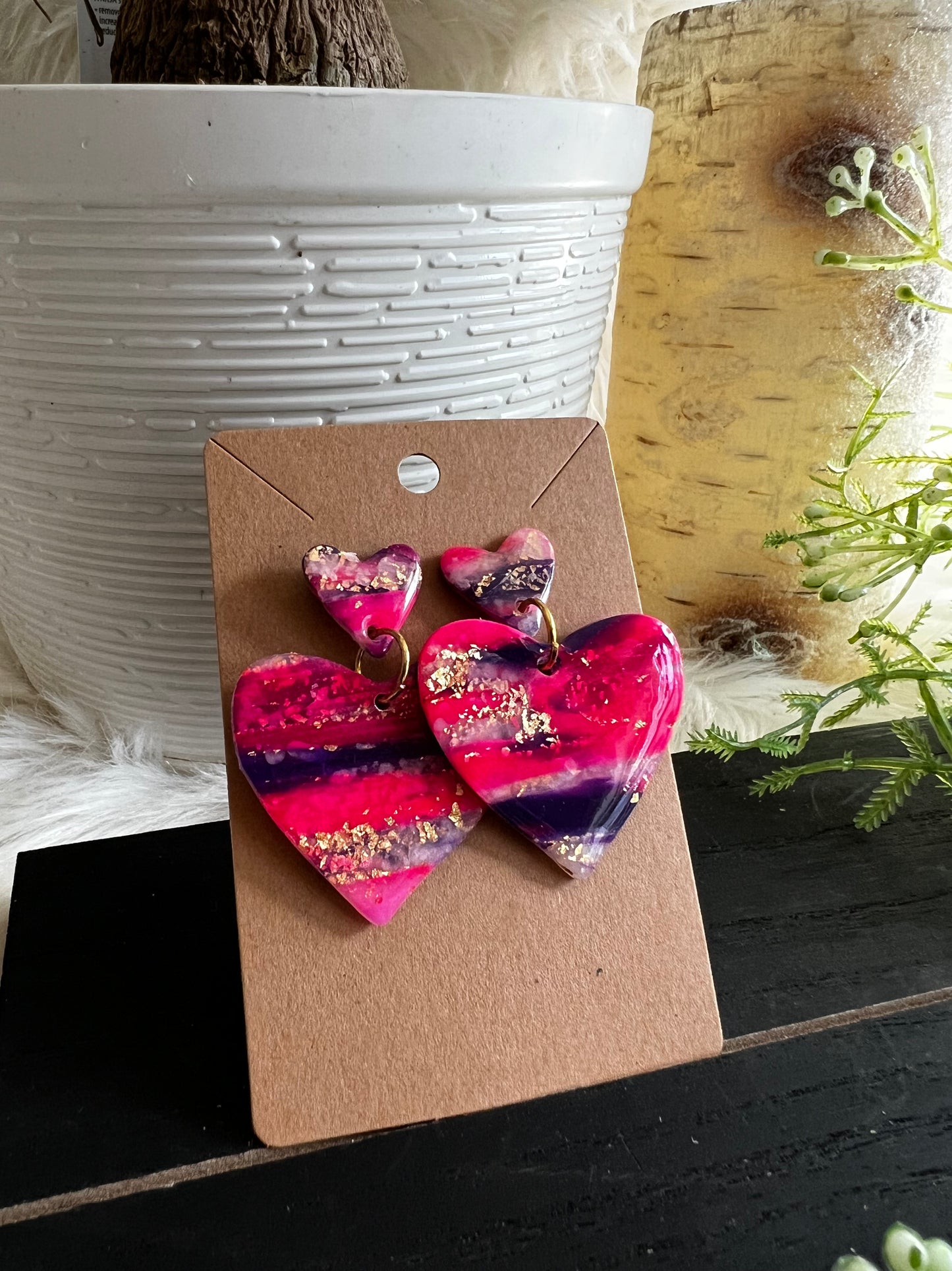 Pink/Purple Geode Heart Dangle Stud Earrings