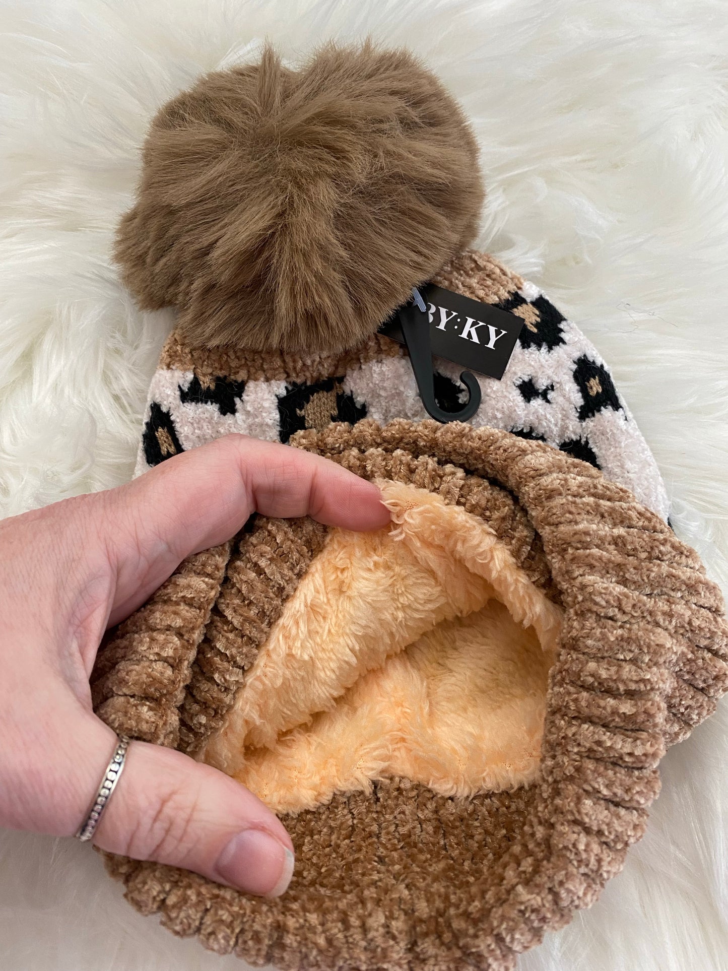 Cheetah Fuzzy Fleece Lined Beanie with Pom Pom