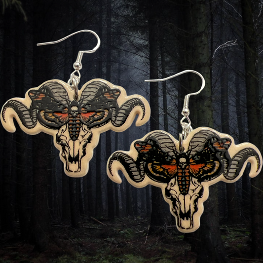 Ram Skull with Moth (color)- Spooky Earrings