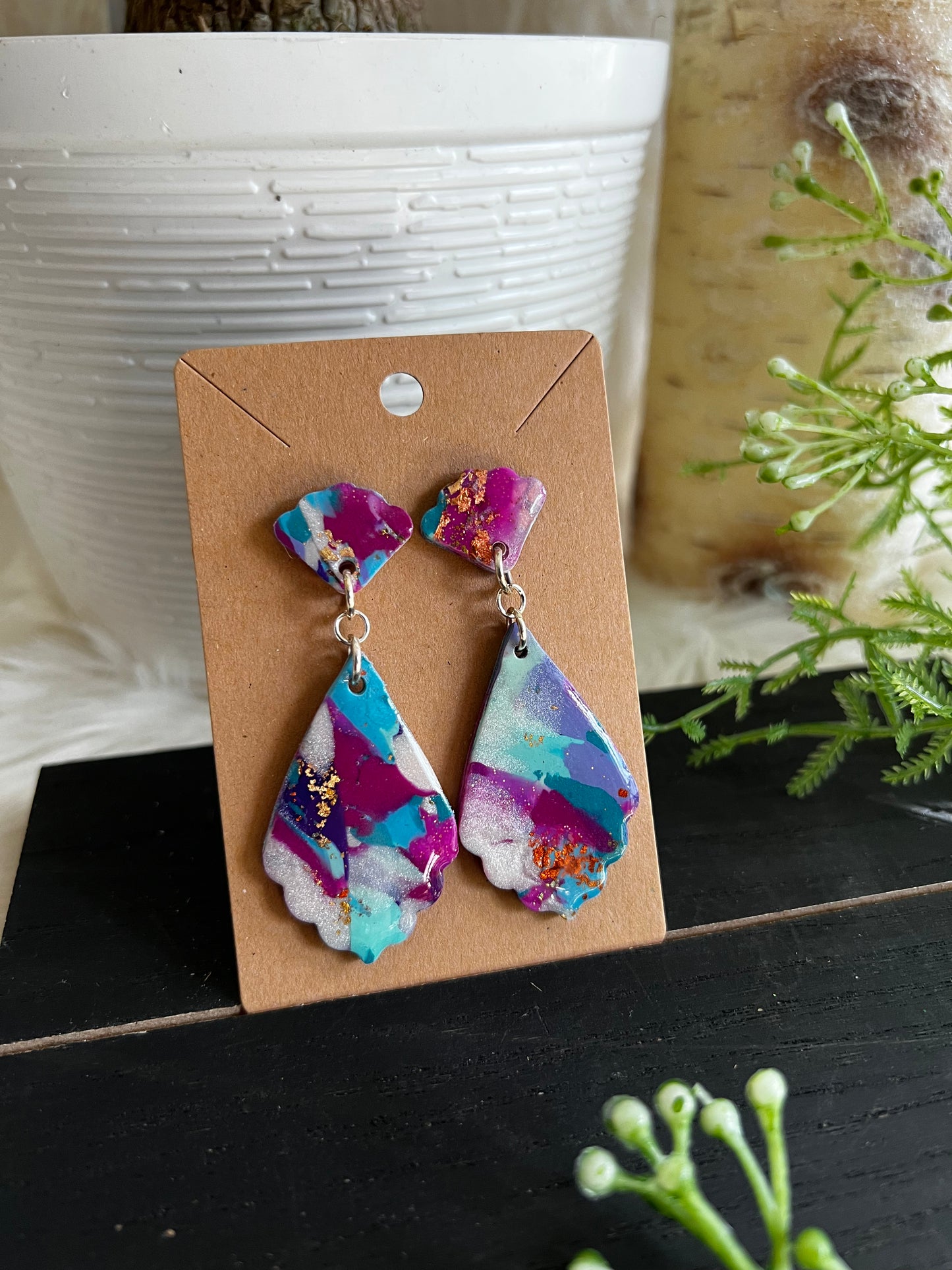 Purple/Aqua Marble Dangle Stud Earrings