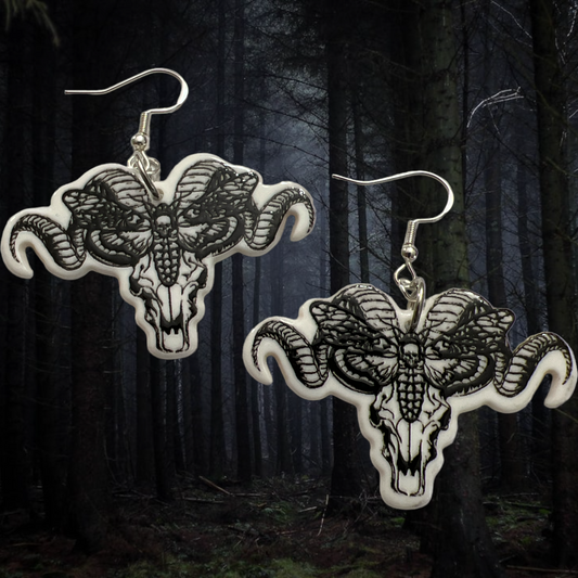 Ram Skull with Moth (black and white)- Spooky Earrings