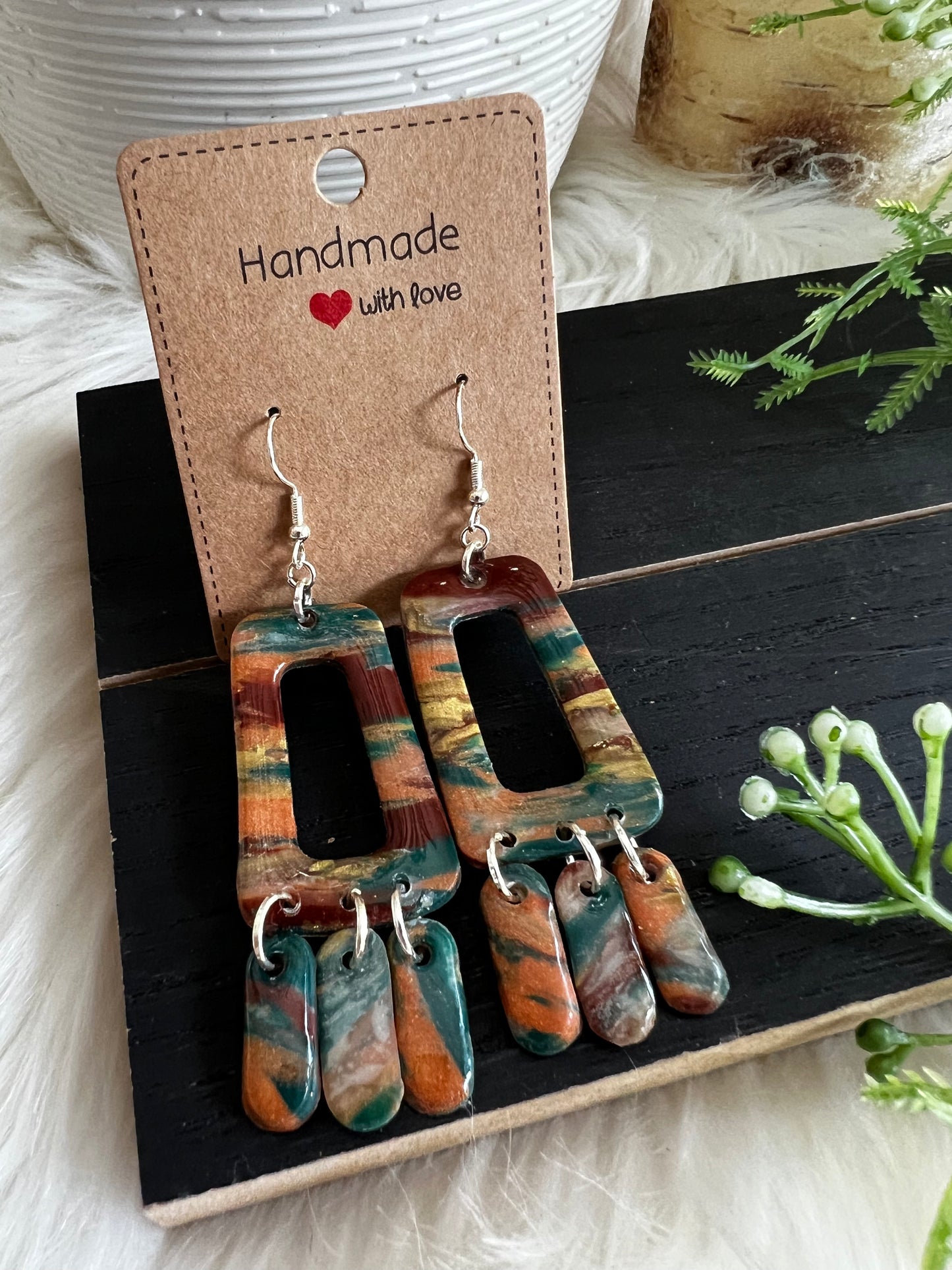 Earthy Marble Dangle Hook Earrings