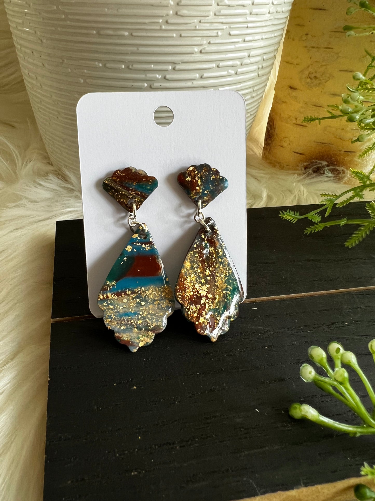 Aqua/Green/Brown Marble Dangle Stud Earrings