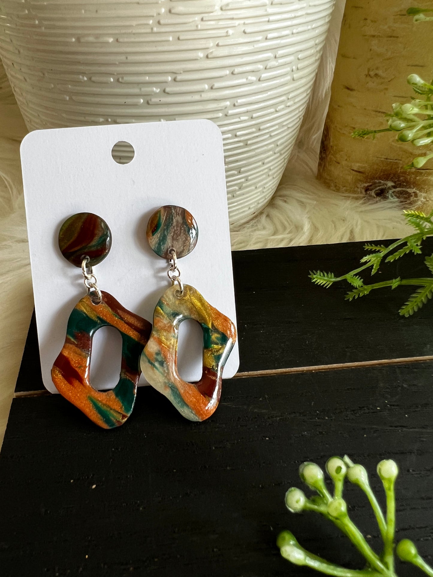 Earthy Marble Dangle Stud Earrings