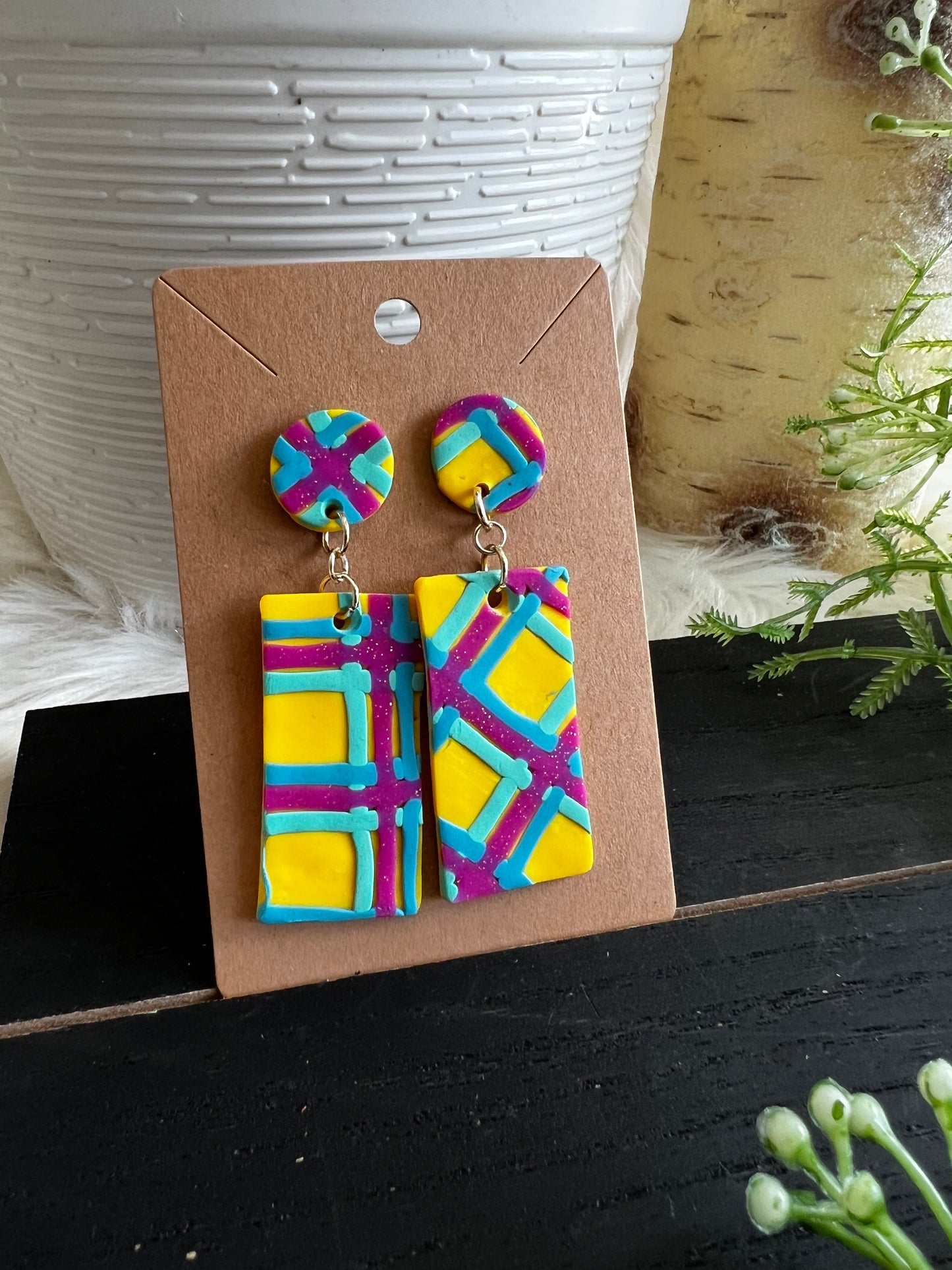 Plaid Dangle Stud Earrings