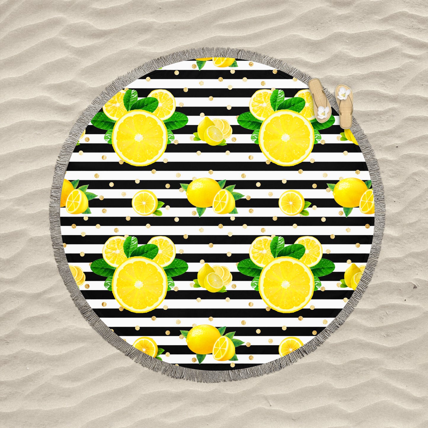 Lemon Squeezie Round Fringe Beach Towel EXCLUSIVE PRINT