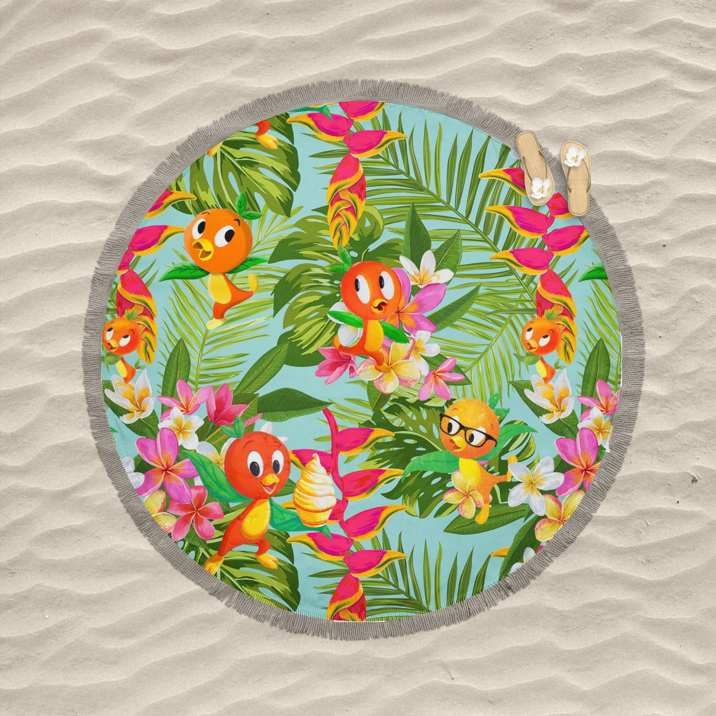 Tropical Orange Bird Round Fringe Beach Towel EXCLUSIVE PRINT