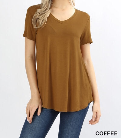 Zenana-Coffee Solid Color V-Neck T-shirt