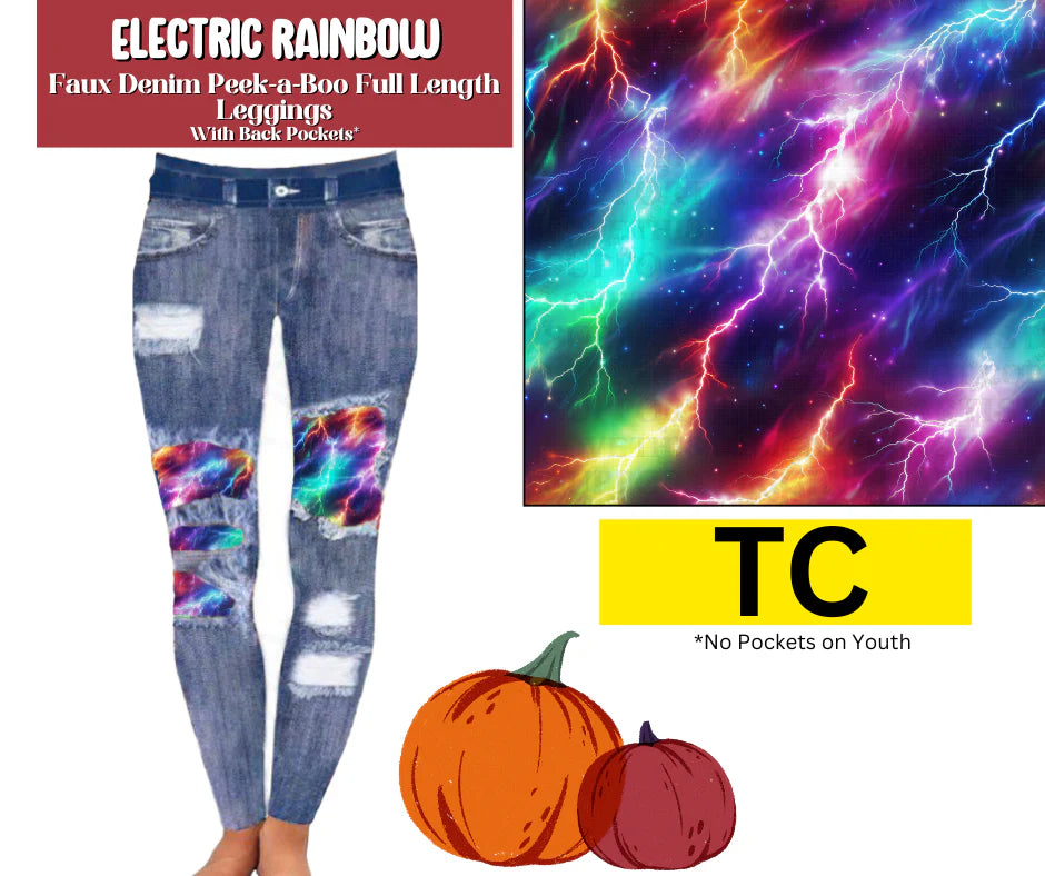 Electric Rainbow Faux Denim Full Length Peekaboo Leggings