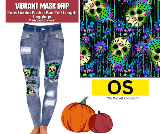 Vibrant Mask Drip Faux Denim Full Length Peekaboo Leggings