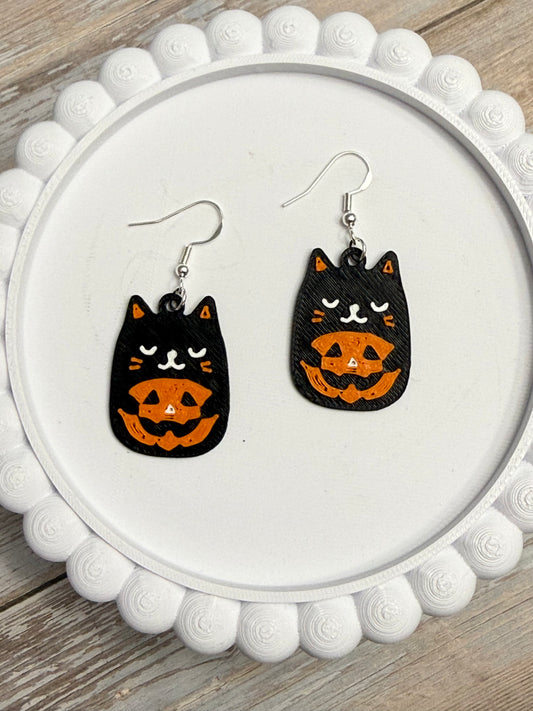 Cat Pumpkin- 3D Printed Earrings - Halloween