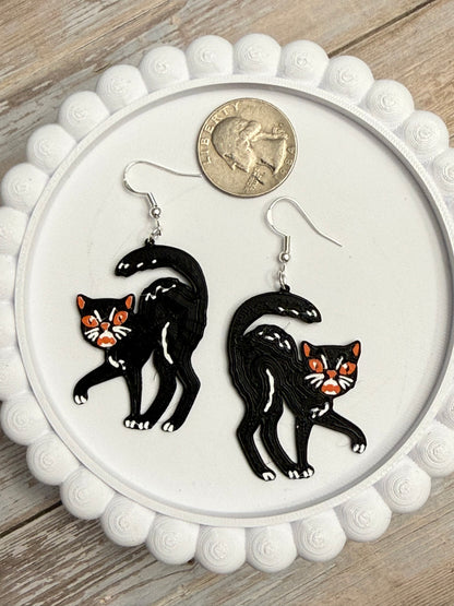 Vintage Black Cat- 3D Printed Earrings - Halloween