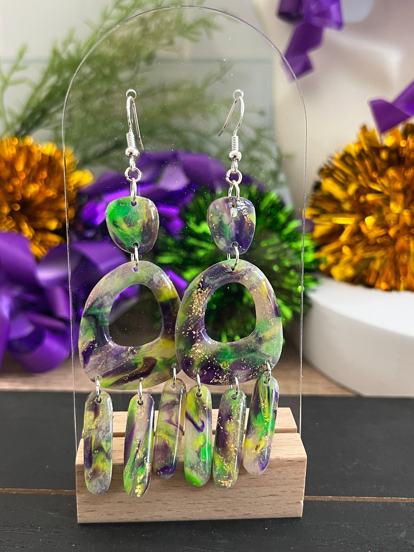 Marbled Dangle- Mardi Gras- Hook Earring