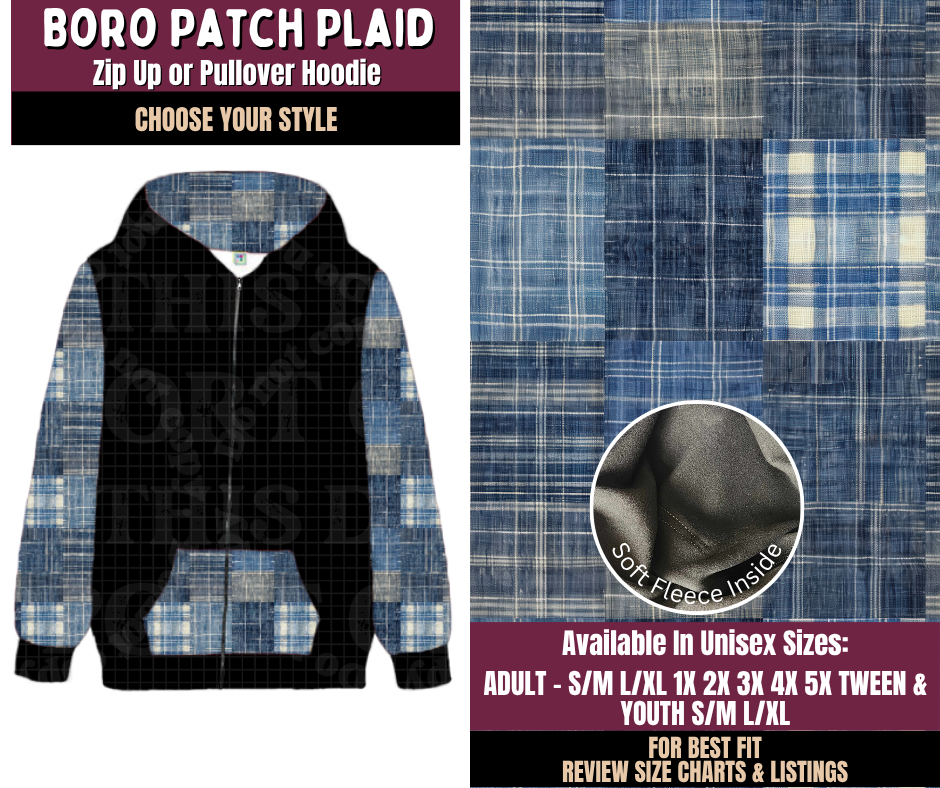 Preorder! Closes 11/11. ETA Feb. Boro Patch Plaid Zip-Up or Pullover Hoodie