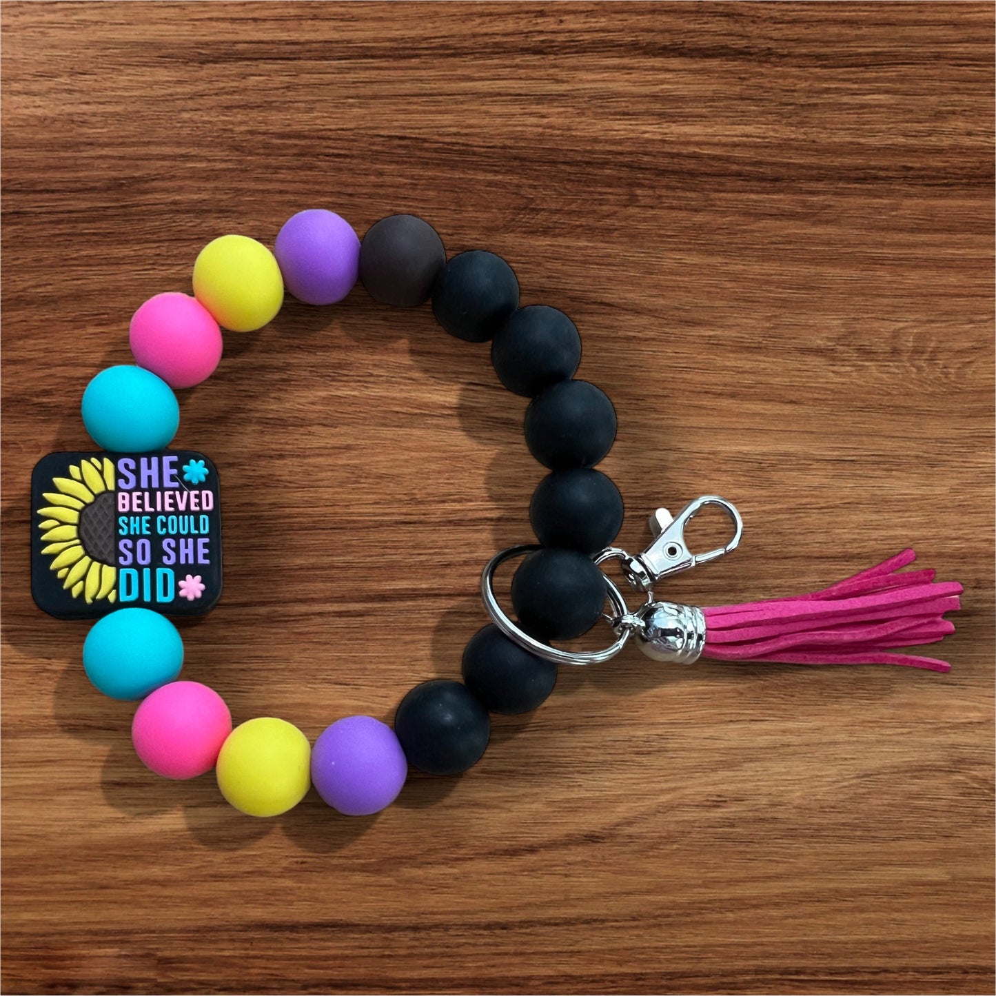 She Believed She Could Silicone Keychain Beaded Wristlet with Tassel