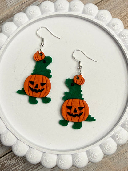 Pumpkin Dino- 3D Printed Earrings - Halloween