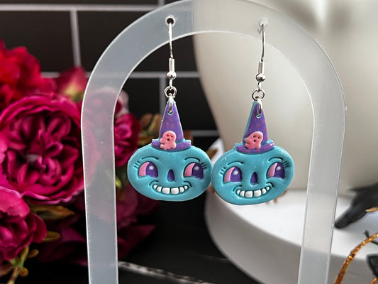 Retro Carnival Pumpkin Spooky Hook Earrings- Blue