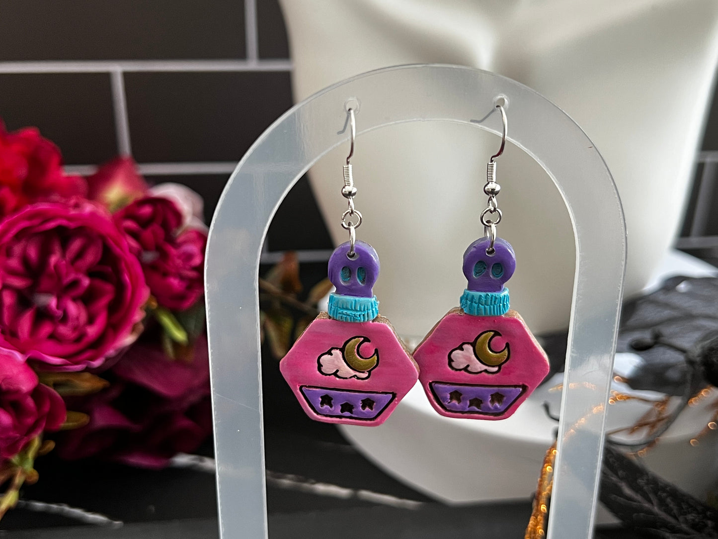 Nightshade Bottle Spooky Hook Earrings- Pink