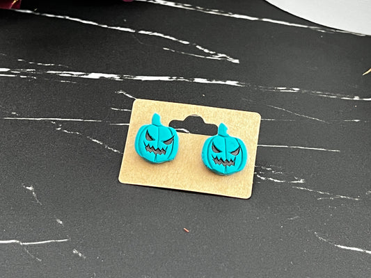 Blue Jack-o-Lantern Spooky Stud Earrings