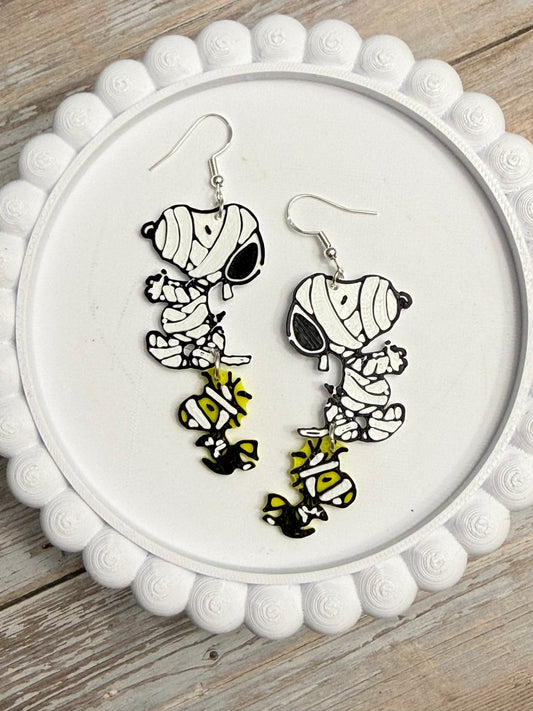 Mummy Dog and Bird- 3D Printed Earrings - Halloween